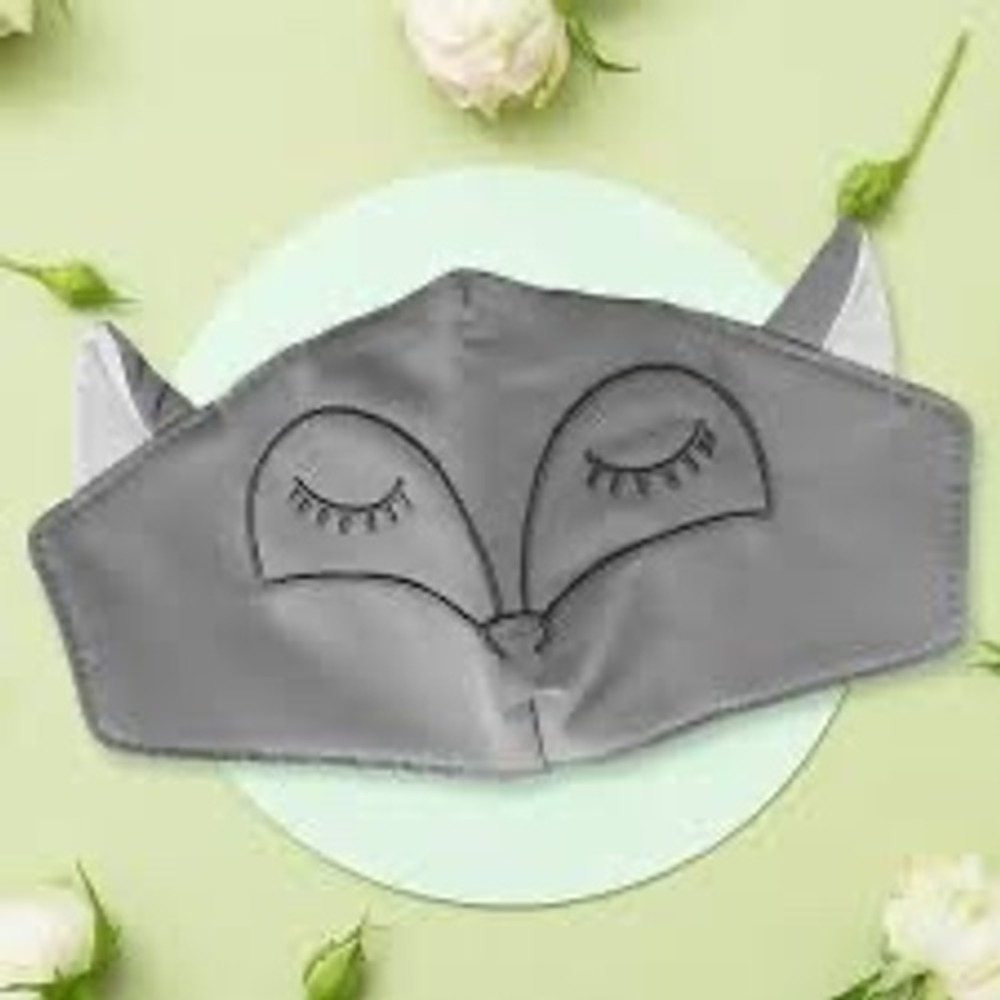 Miniso Grey Fox Face Cloth Mask Embroidered Ears Adjustable Loops 23x12.5cm